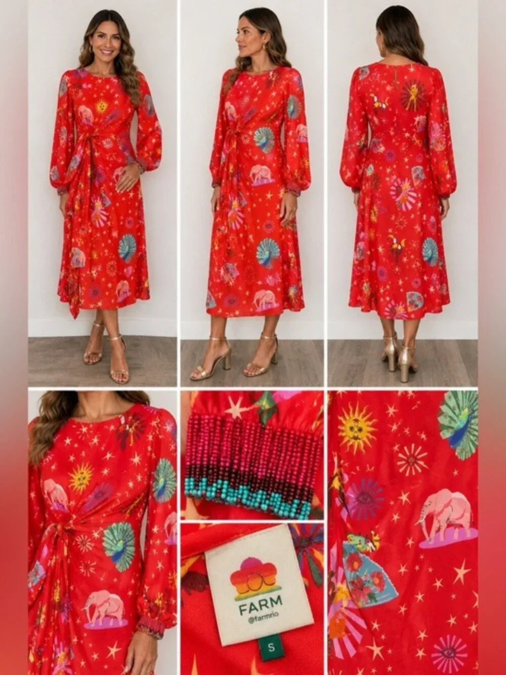 Farm Rio Red Lotus Star Twist Midi Dress Small Long Sleeve Tie Waist Boho - Picture 2 of 16